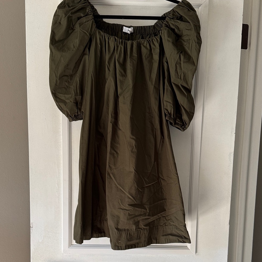 Puff Sleeve Mini Dress in Olive Green